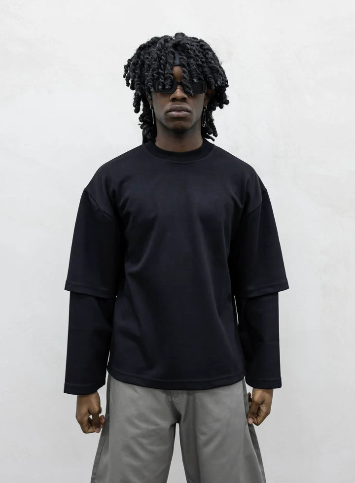 T-shirt Longsleeve con Doppia Manica Nera