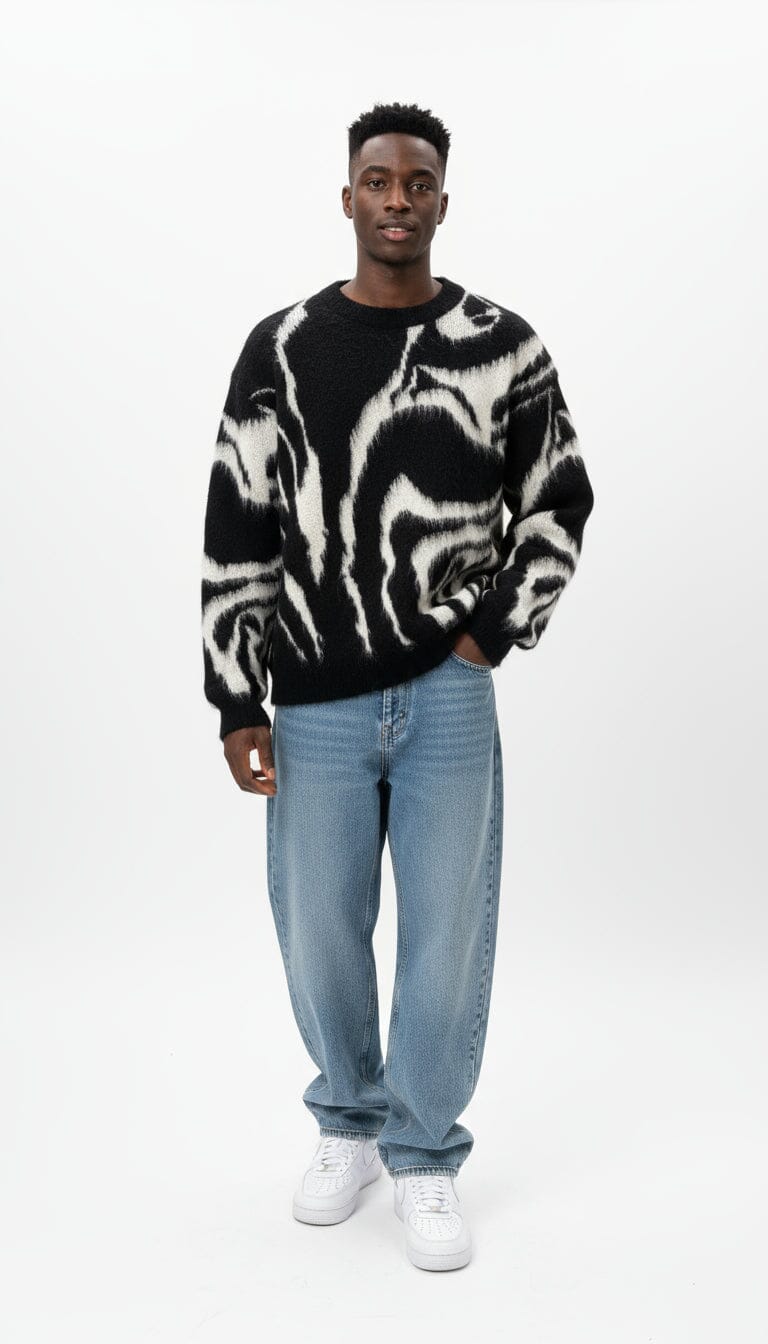 Maglione Nero con sfumature bianche in lana