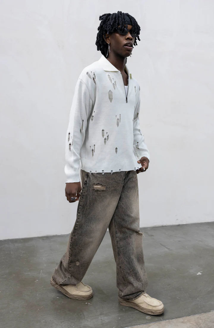 Polo Knit Distressed con Zip Panna