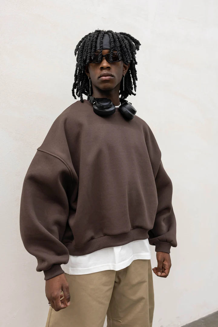 Felpa Basic Over Girocollo Marrone