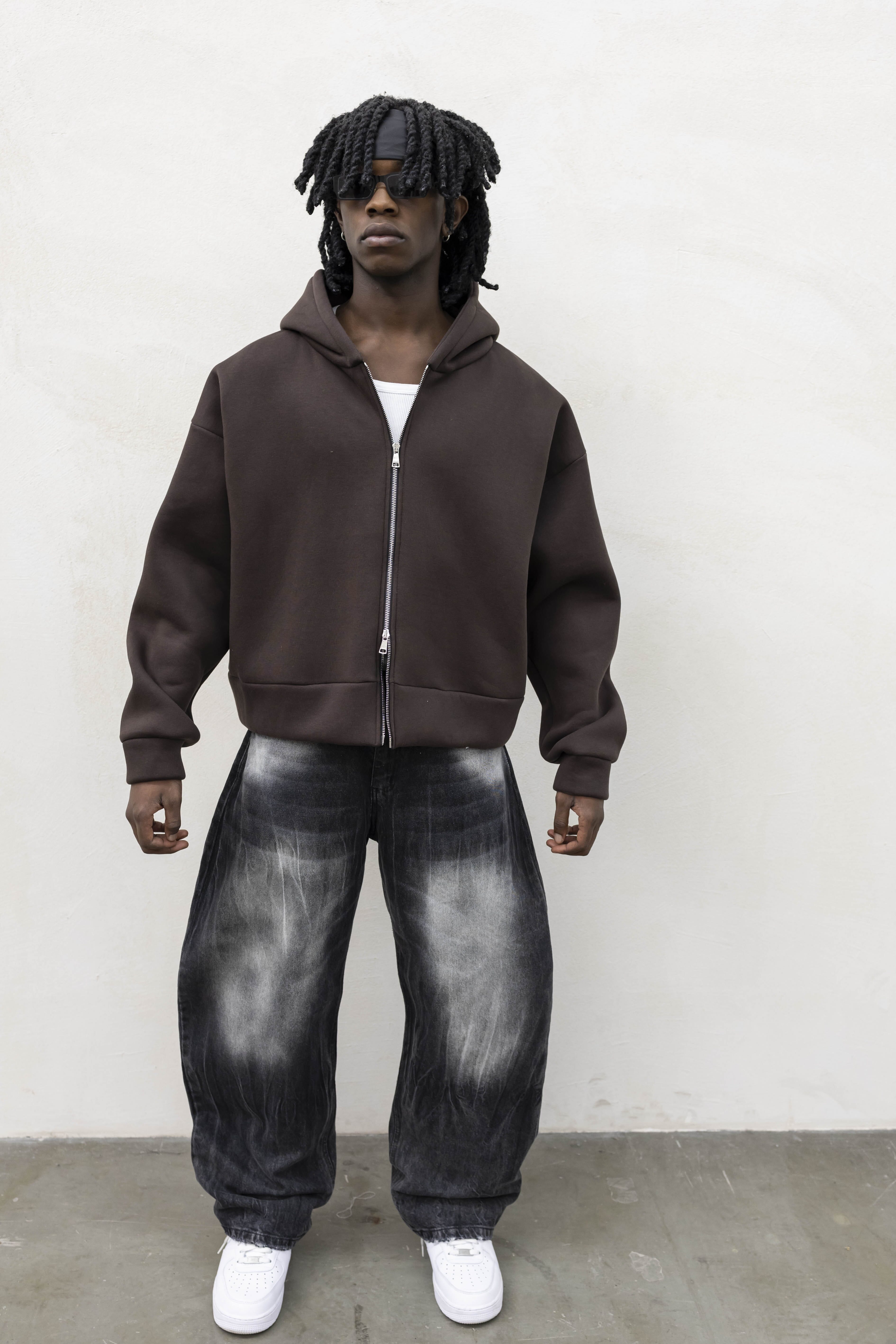 Felpa Basic Over Zip Marrone