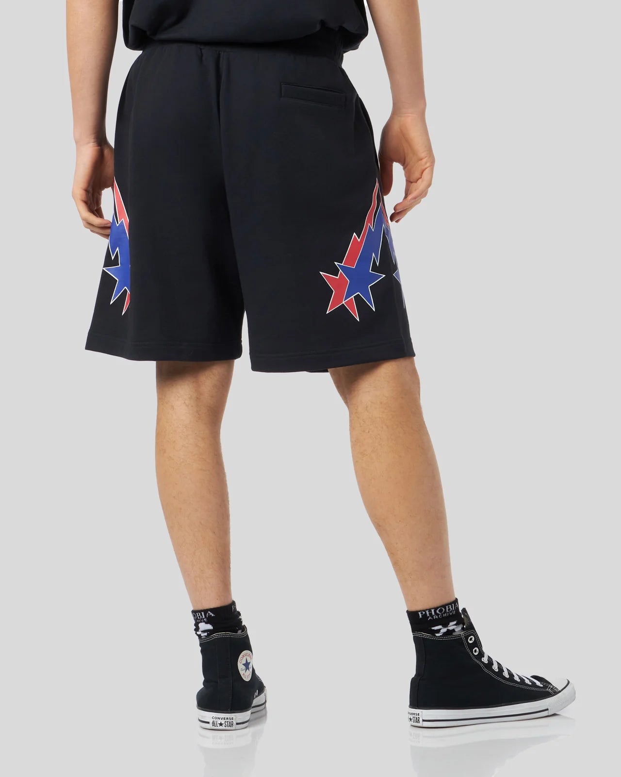 Pantaloncino Phobia neri con grafica Starry Lightning rossa e blu