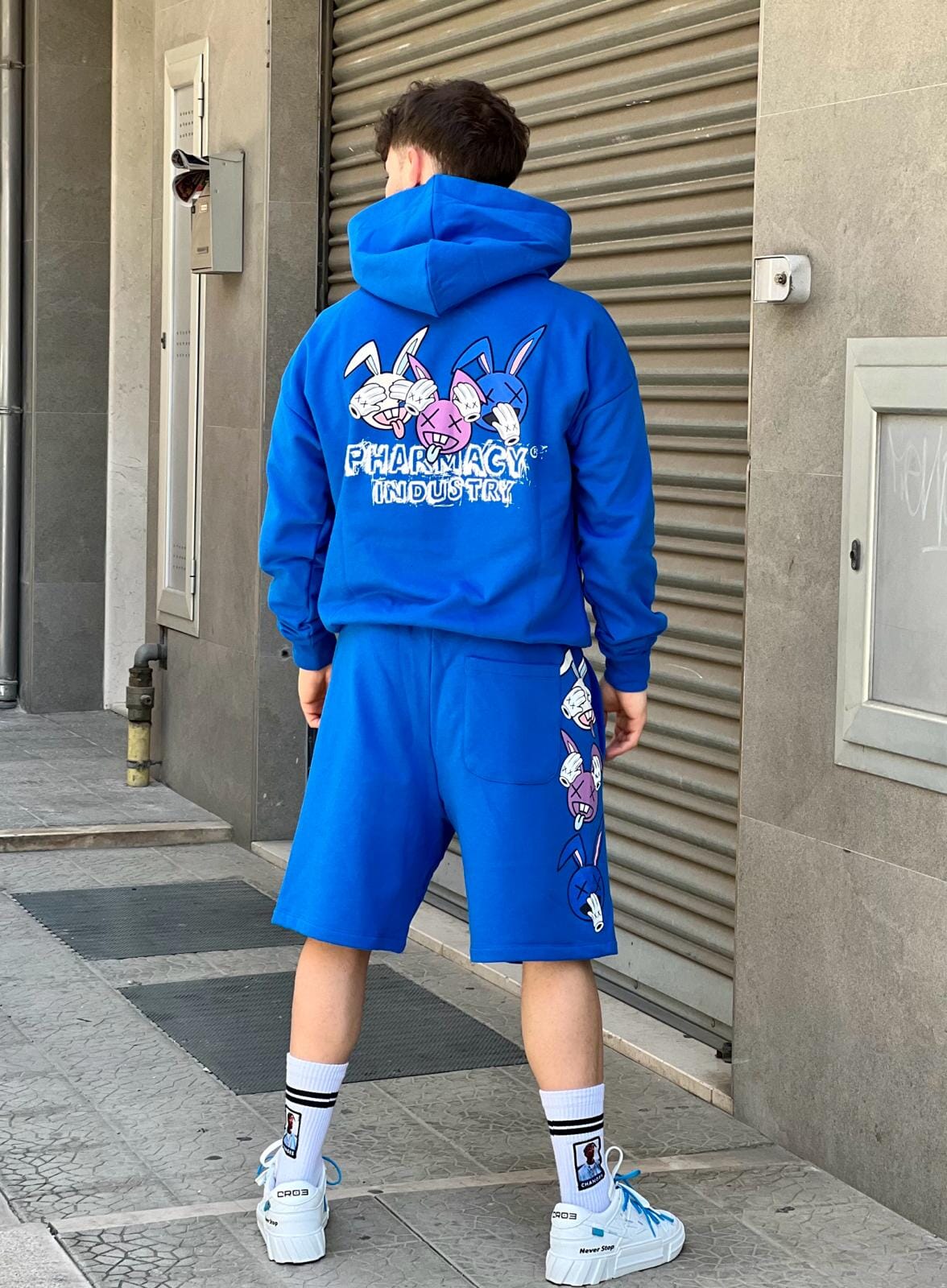 Short Pharmacy blu con stampa