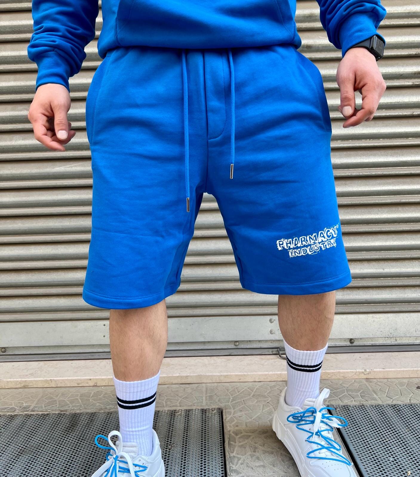 Short Pharmacy blu con stampa