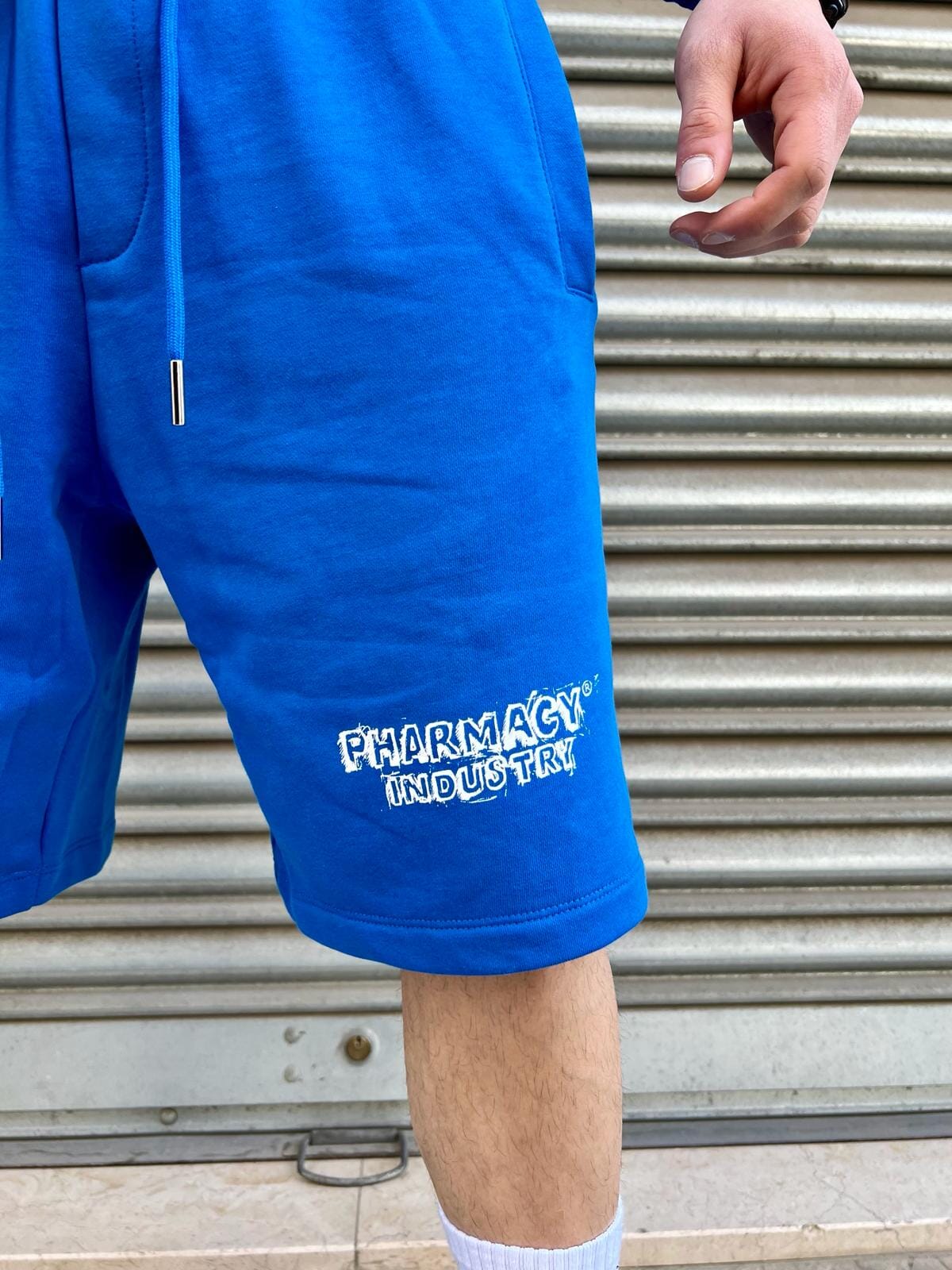 Short Pharmacy blu con stampa