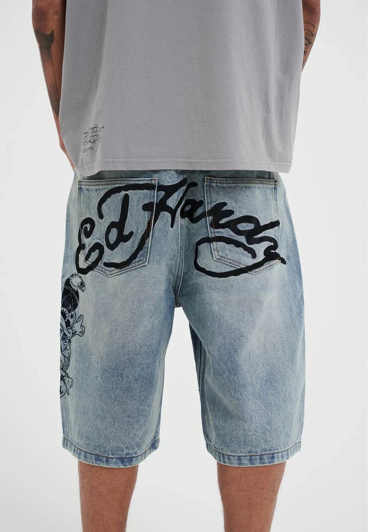 Ed Hardy - Bermuda - Mens Death Or Glory Denim Skater Jorts Shorts - Blue