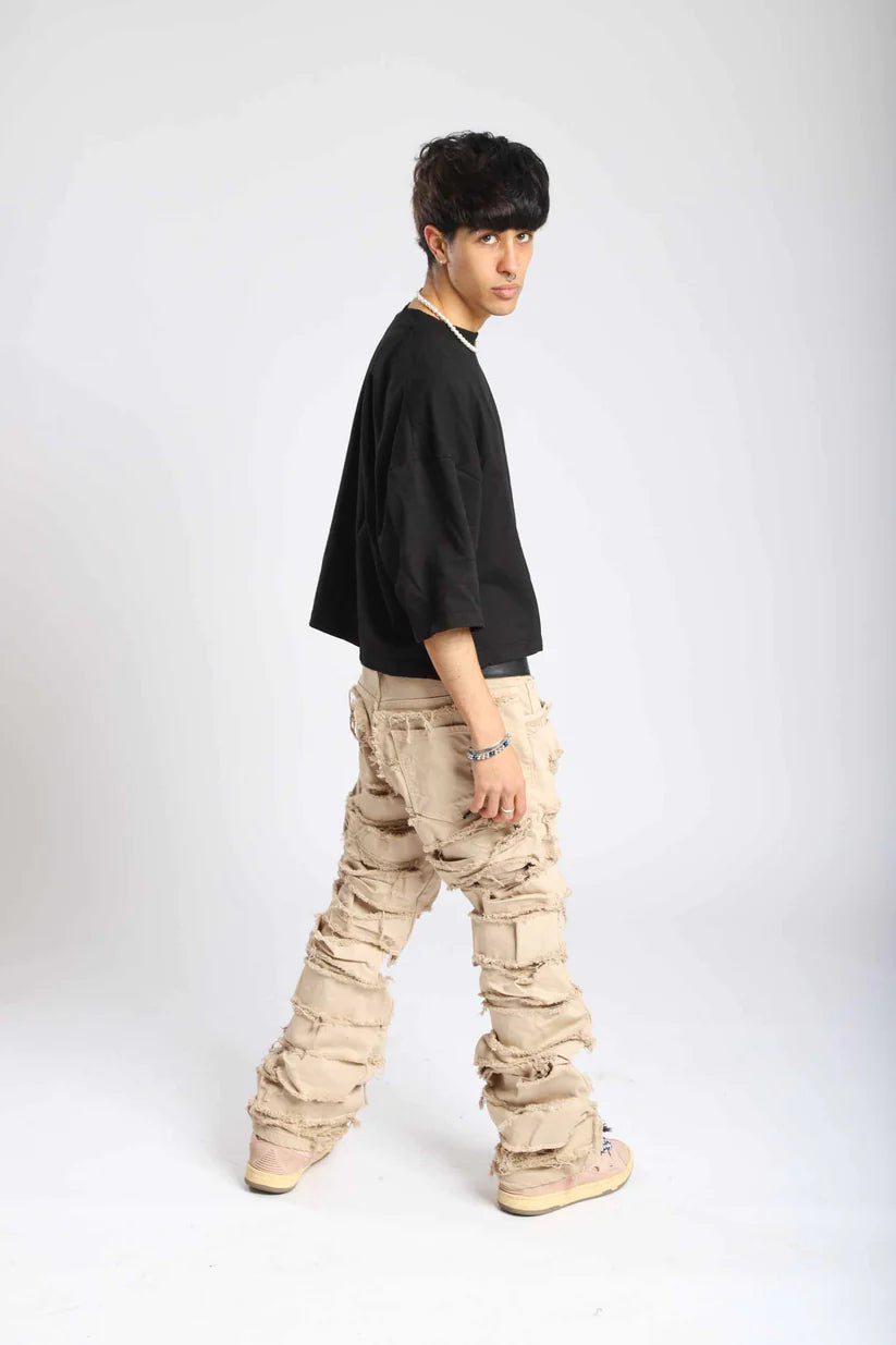 Pantalone di Jeans double denim beige cream con rotture cucite- EFFEMME EXCLUSIVE LAB