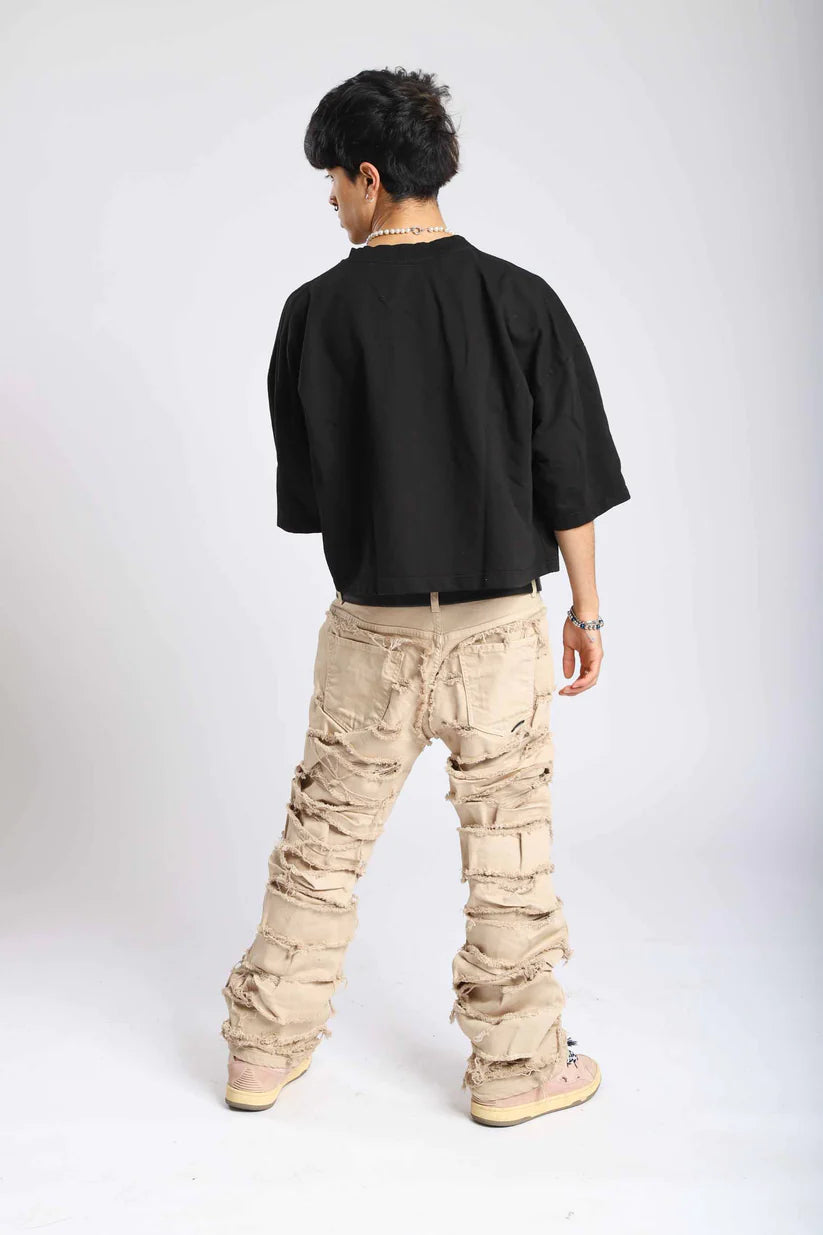 Pantalone di Jeans double denim beige cream con rotture cucite- EFFEMME EXCLUSIVE LAB