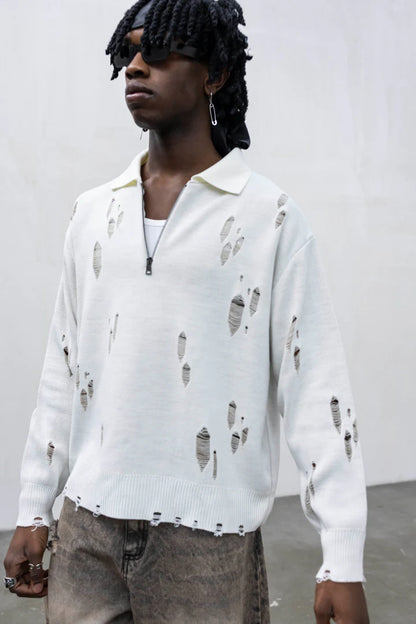 Polo Knit Distressed con Zip Panna