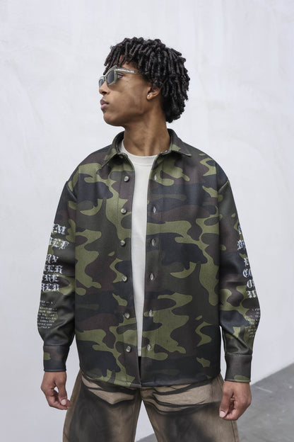 Camicia oversize mimetica “No Trust No Faith” Verdone