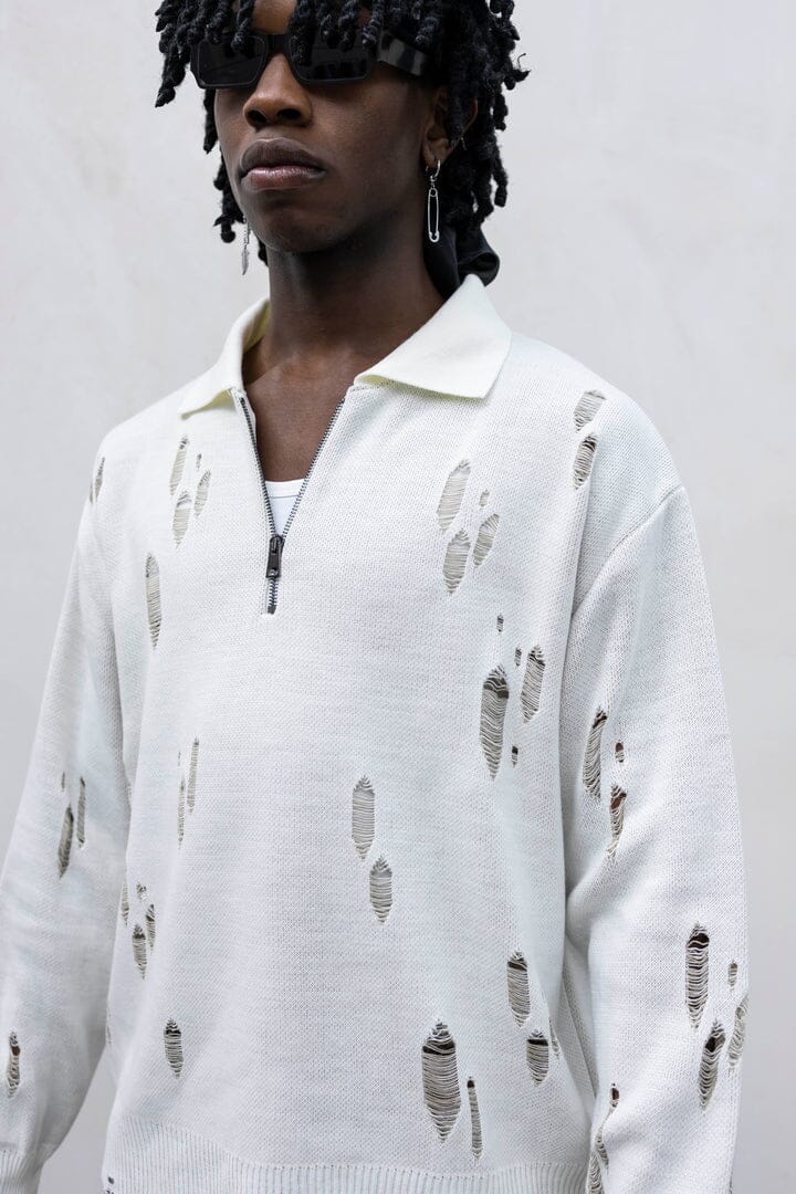 Polo Knit Distressed con Zip Panna