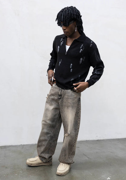 Polo Knit Distressed con Zip Nera