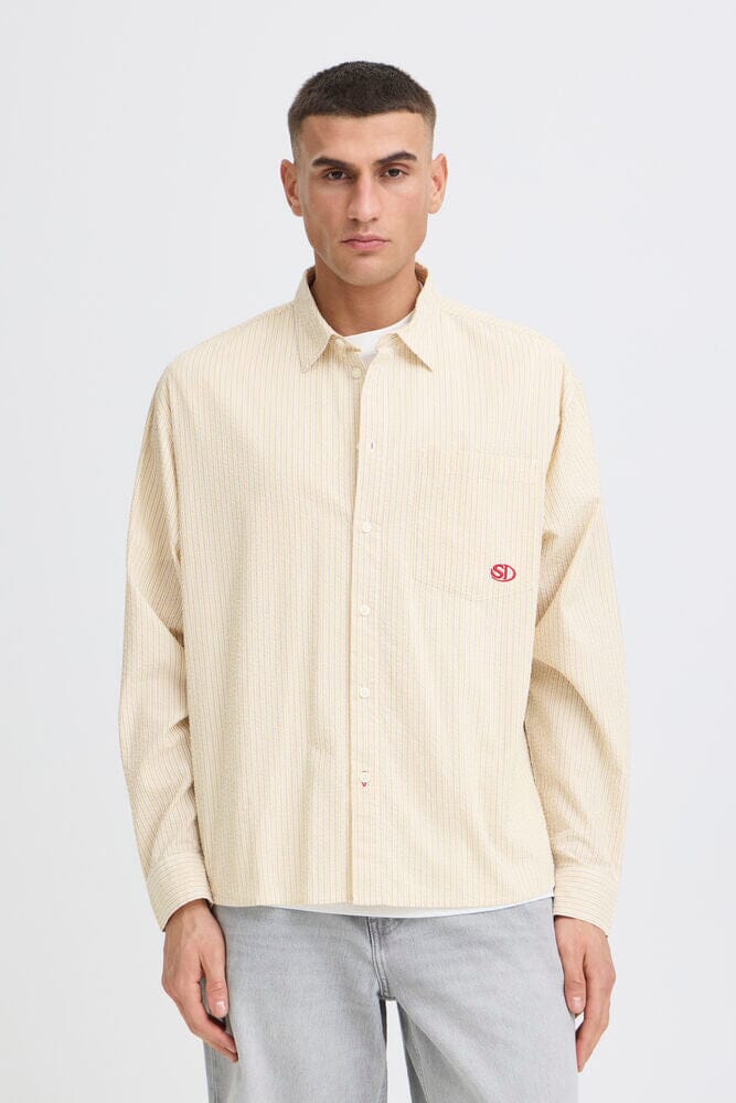 Camicia Seersucker a Righe Ocra/ Marrone SOLID