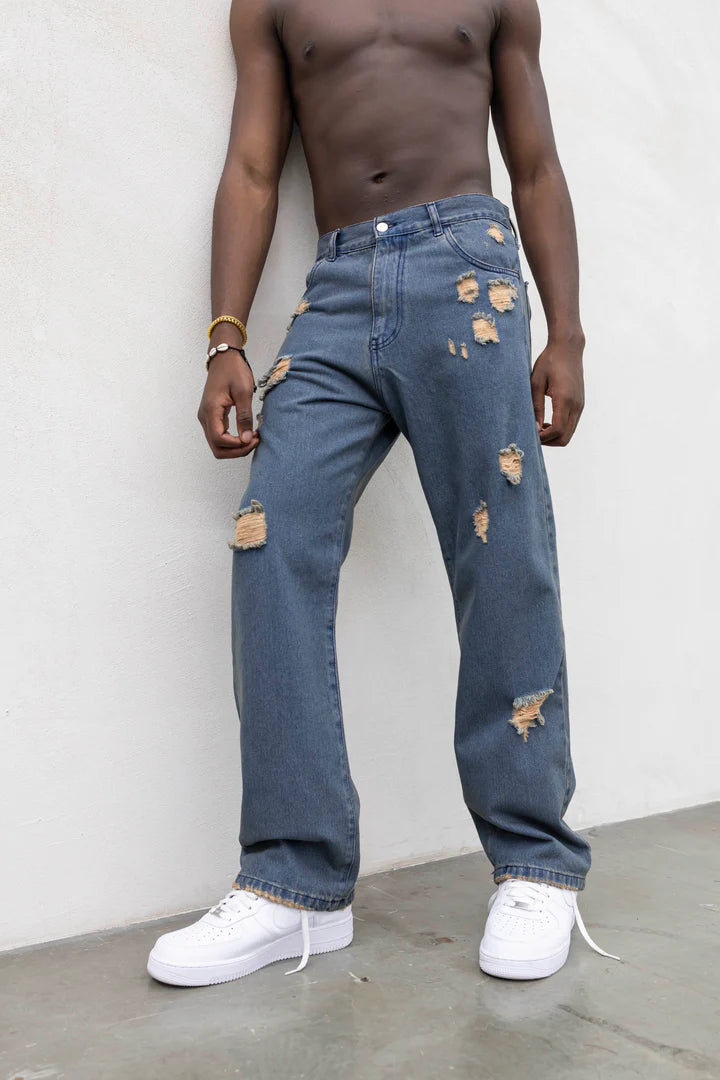 Jeans Uomo Relaxed Fit Destroyed – Denim Blu Vintage