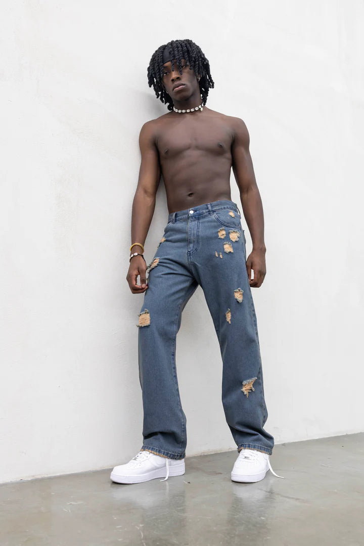 Jeans Uomo Relaxed Fit Destroyed – Denim Blu Vintage