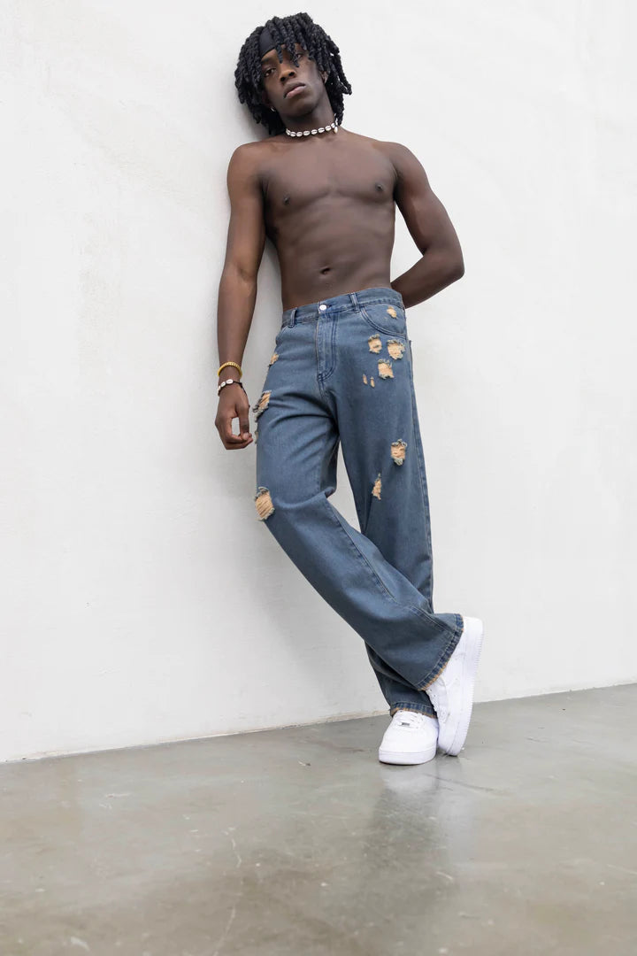 Jeans Uomo Relaxed Fit Destroyed – Denim Blu Vintage