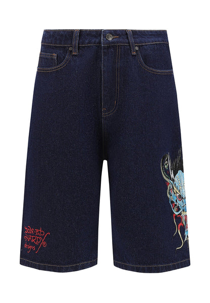 Ed Hardy Medusa Drag Denim Shorts Blue