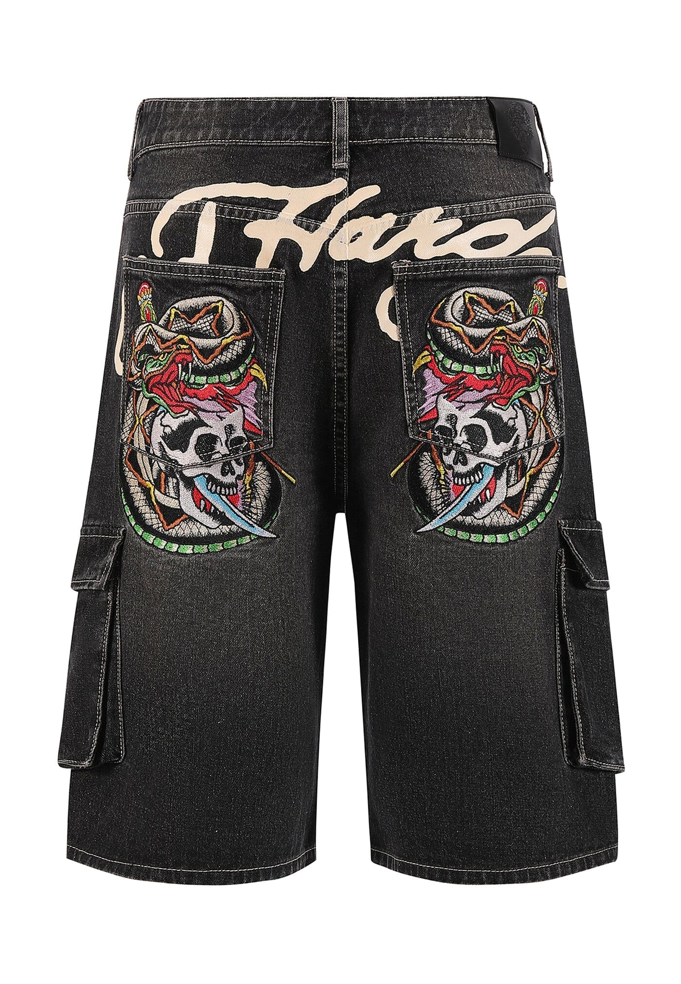 Ed Hardy Skull Dagger Thru Snake Denim Cargo Shorts Black