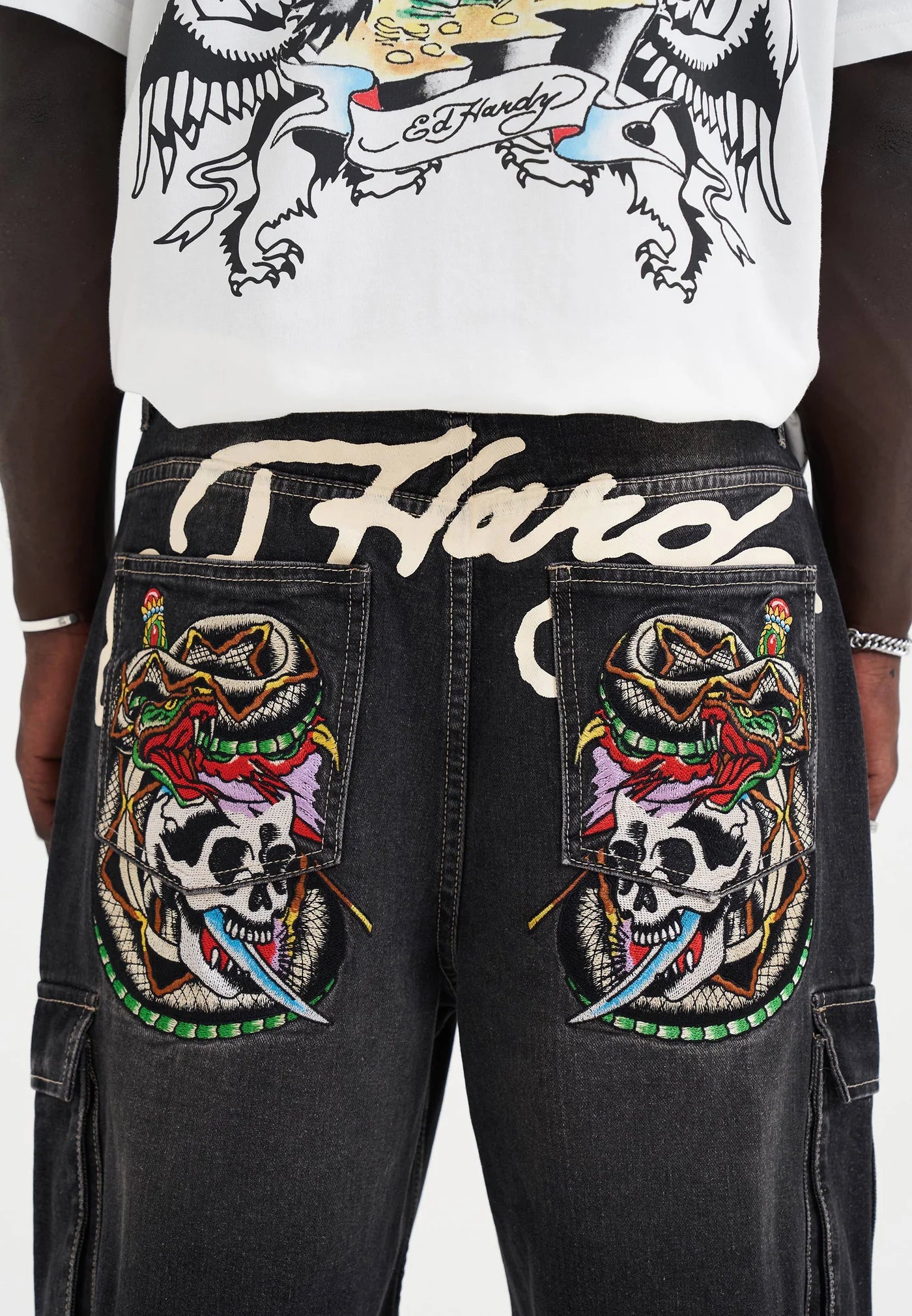 Ed Hardy Skull Dagger Thru Snake Denim Cargo Shorts Black