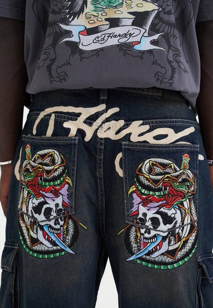 Ed Hardy Skull Dagger Thru Snake Denim Cargo Shorts