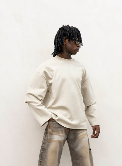 Longsleeve con Doppia Manica in Cotone Doppio Garzato Sabbia