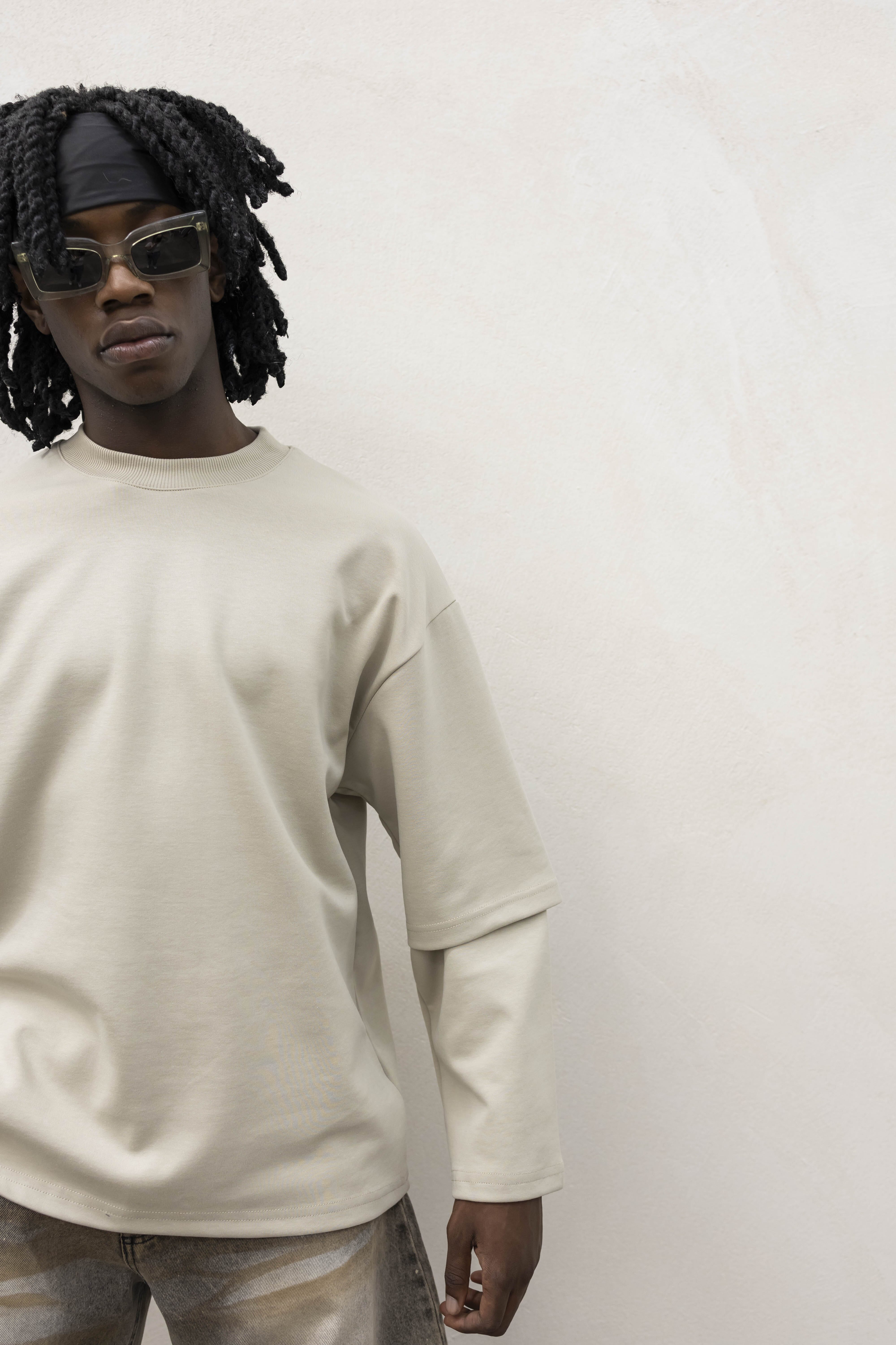 Longsleeve con Doppia Manica in Cotone Doppio Garzato Sabbia