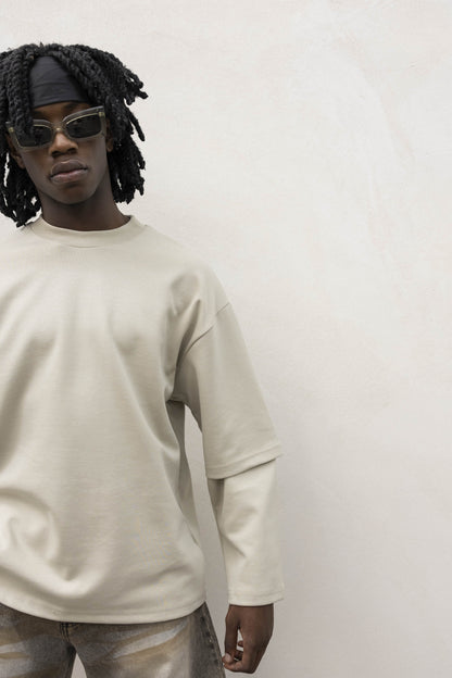 Longsleeve con Doppia Manica in Cotone Doppio Garzato Sabbia
