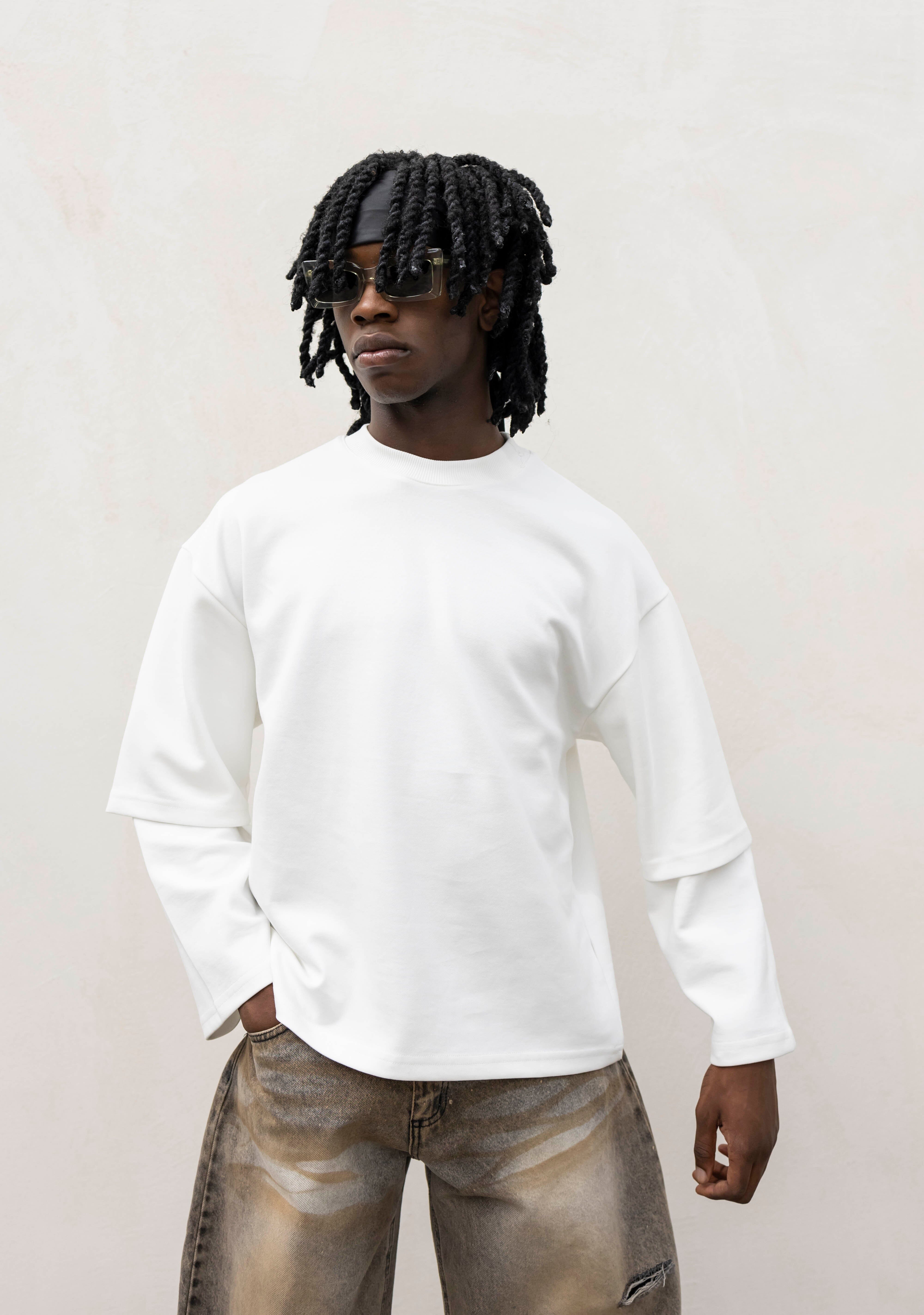 T-shirt Longsleeve con Doppia Manica in Cotone Doppio Garzato Bianca