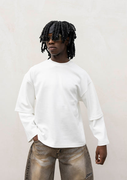 T-shirt Longsleeve con Doppia Manica in Cotone Doppio Garzato Bianca