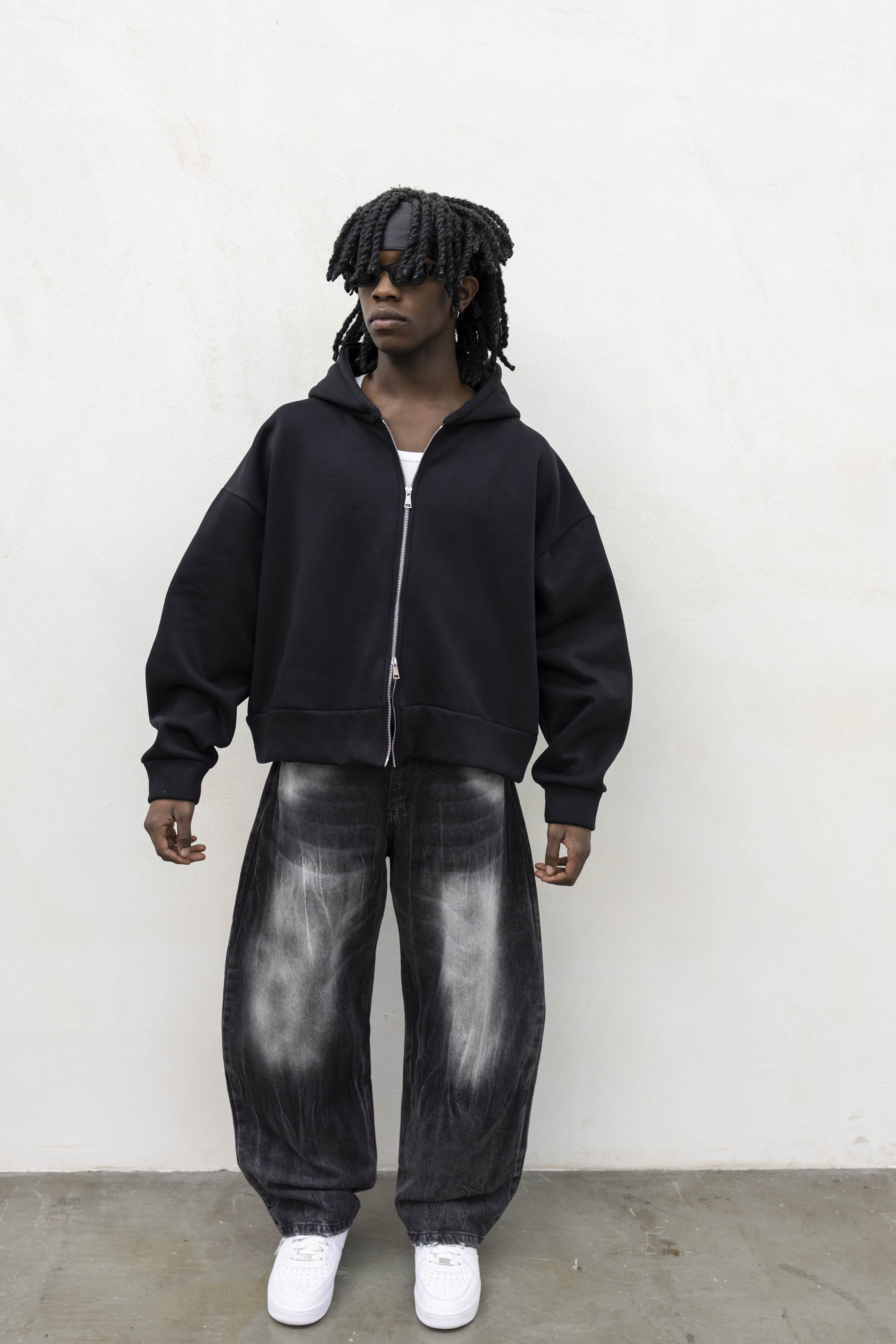 Felpa Basic Over Zip Nera