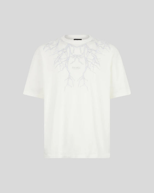 T-shirt Phobia bianca con fulmini ricamati grigi