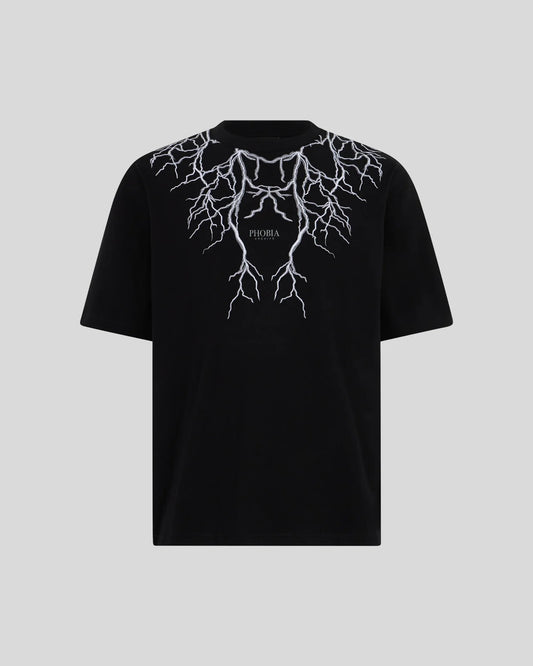 T-shirt Phobia nera con fulmini ricamati grigi