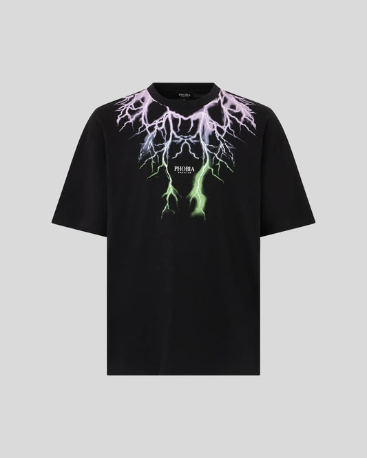 T-shirt Phobia nera con fulmini bicolore viola e verde