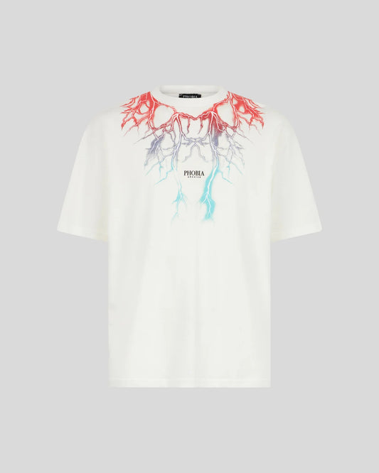T-shirt Phobia bianca con fulmini in stampa bicolore rossa e blu