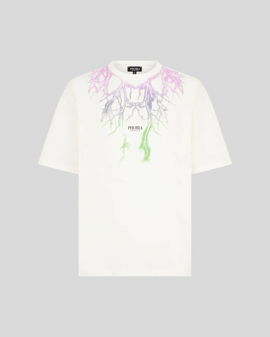 T-shirt Phobia bianca con fulmini in stampa bicolore viola e verde