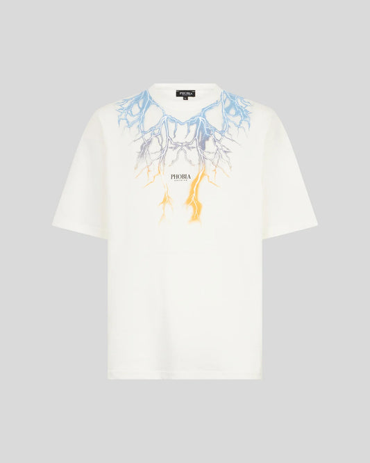 T-shirt Phobia bianca con fulmini in stampa bicolore blu e gialla