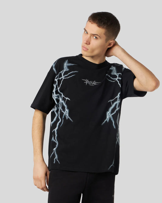 T-shirt Phobia nera con stampa fulmini grigia laterale