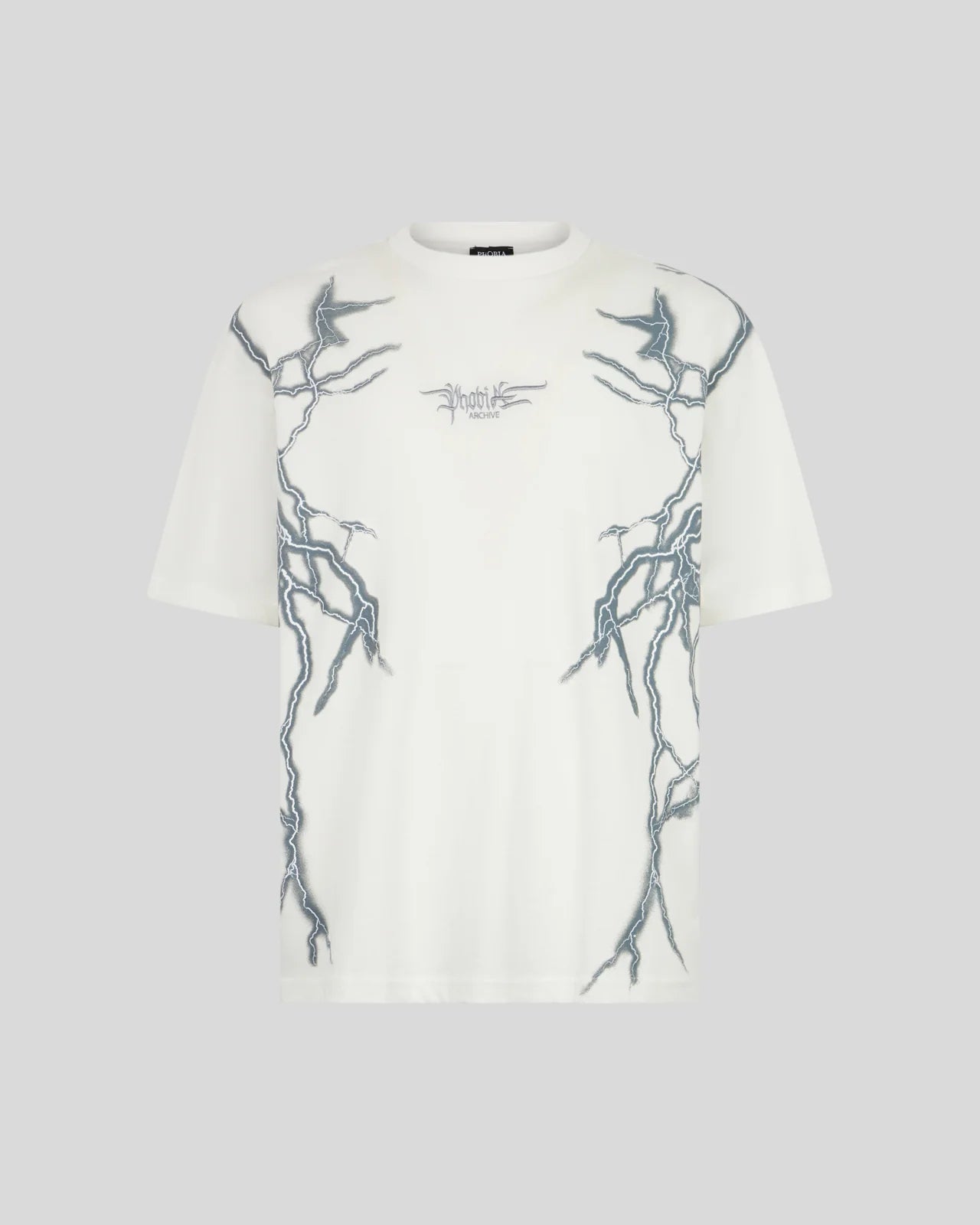 T-shirt Phobia bianca con stampa fulmini grigia laterale