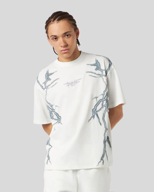 T-shirt Phobia bianca con stampa fulmini grigia laterale