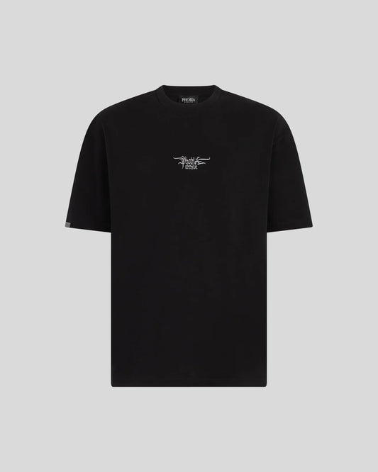 T-shirt Phobia nera con logo gotico ed etichetta metallica