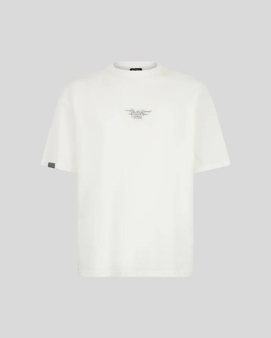 T-shirt Phobia bianca con logo gotico ed etichetta metallica