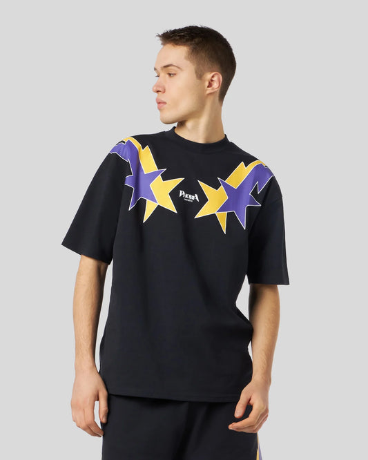 T-shirt Phobia nera con grafica starry lightning gialli e viola