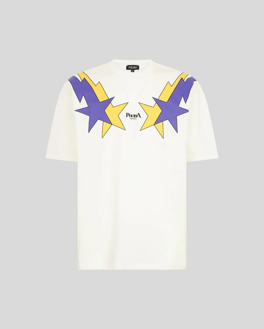 T-shirt Phobia bianca con grafica starry lightning gialli e viola