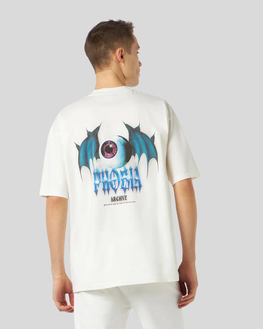 T-shirt Phobia bianca con stampa pipistrello blu
