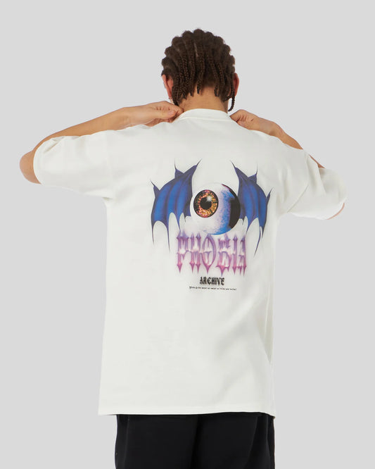 T-shirt Phobia bianca con stampa pipistrello viola