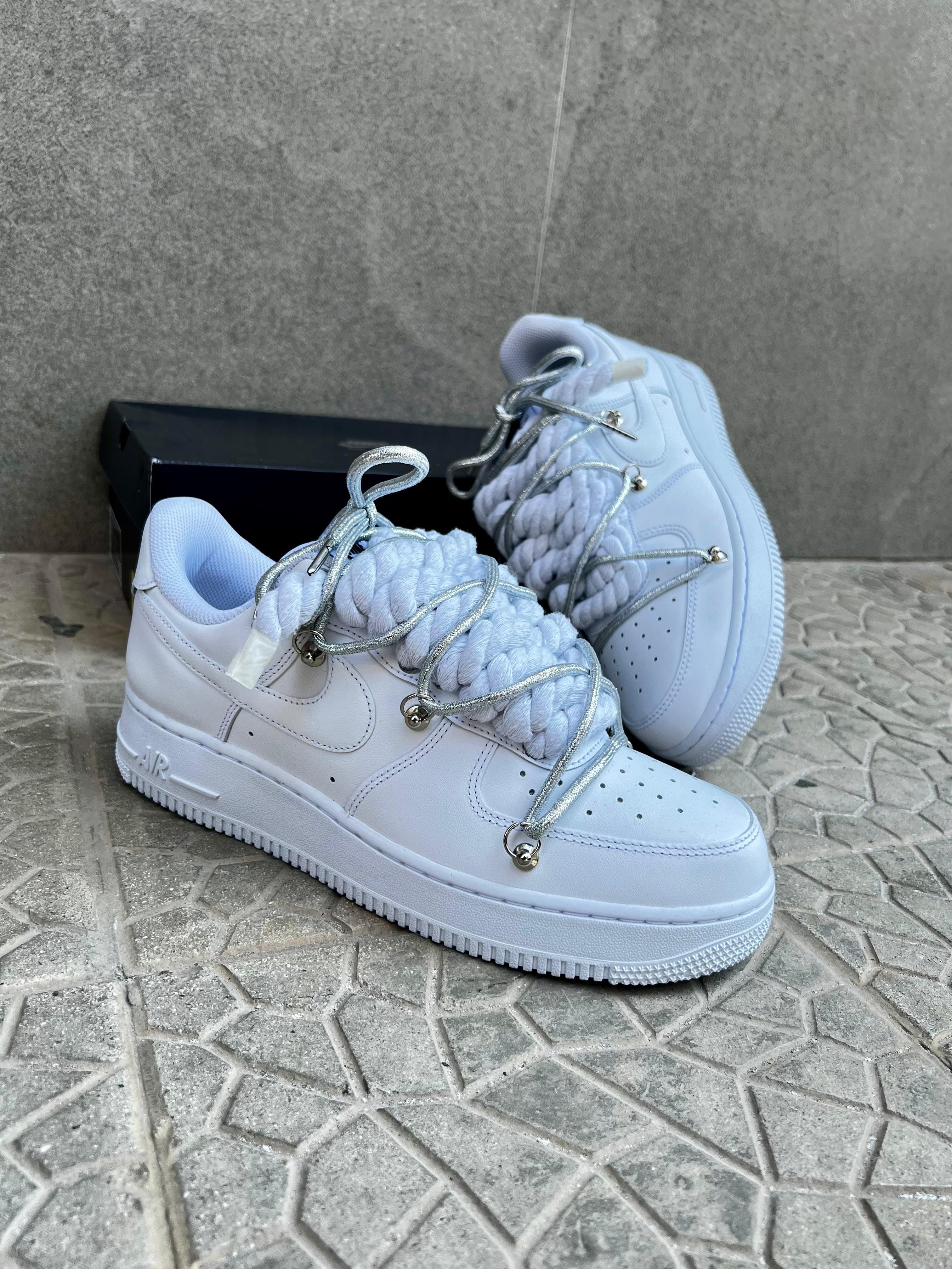 Nike air force 1 custom laccio in corda bianca + ganci e doppio laccio argento