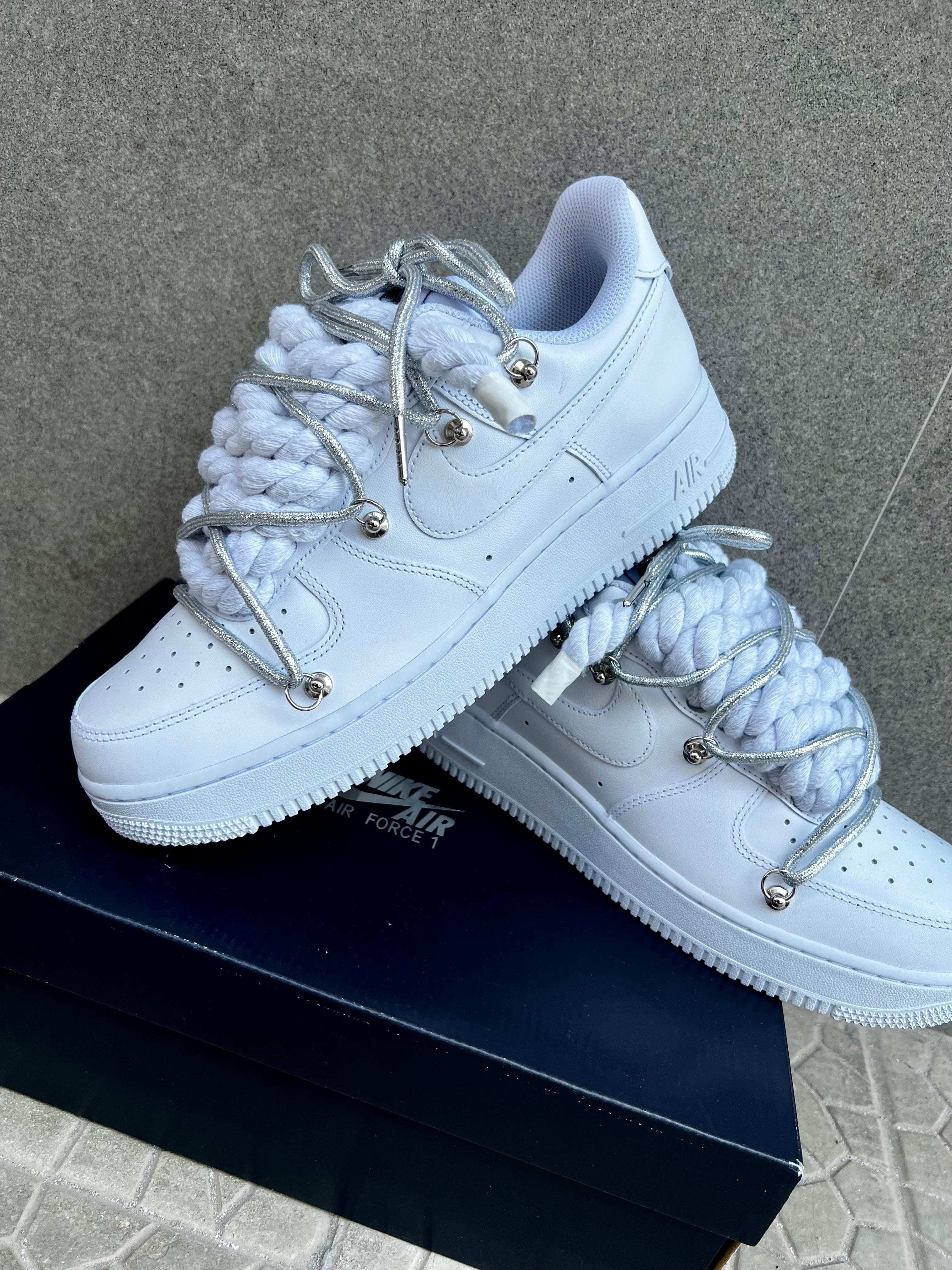 Nike air force 1 custom laccio in corda bianca + ganci e doppio laccio argento