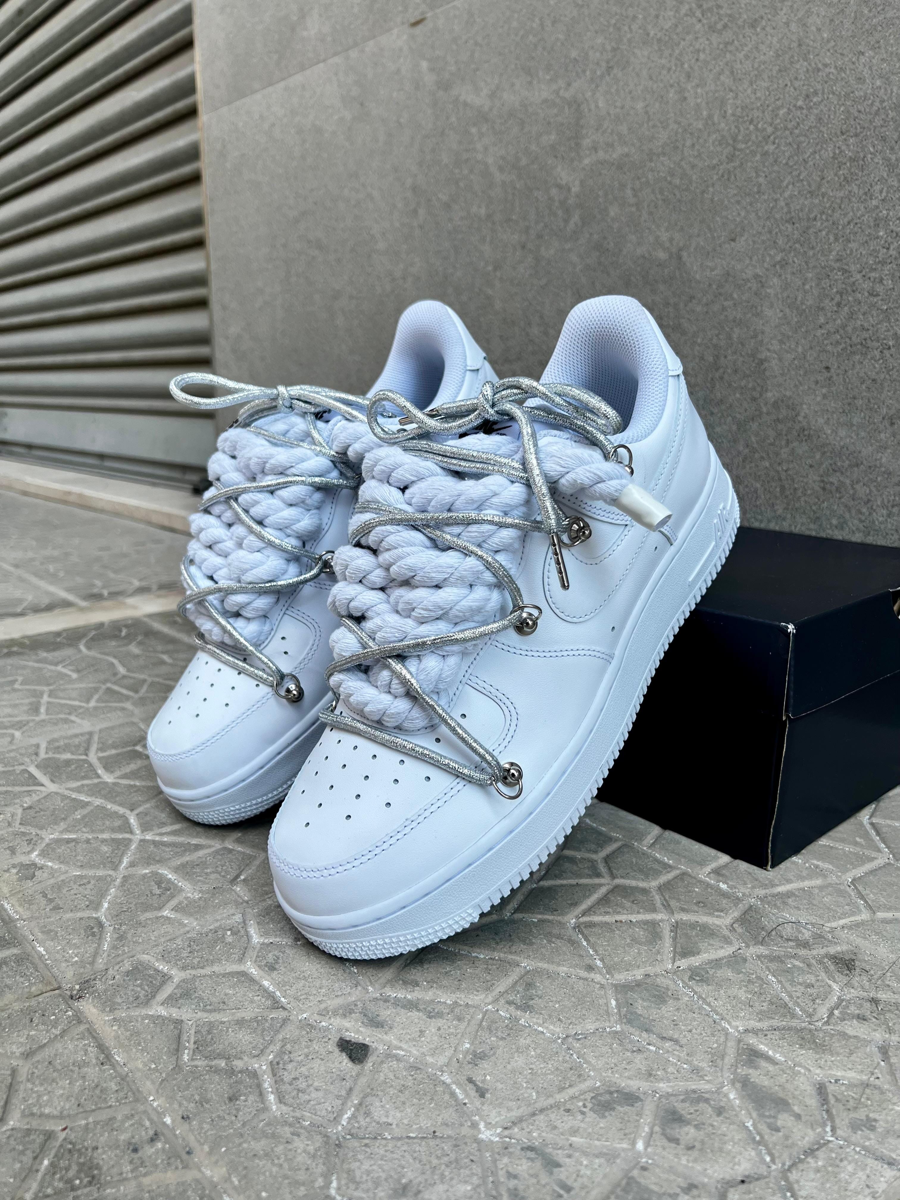 Nike air force 1 custom laccio in corda bianca + ganci e doppio laccio argento