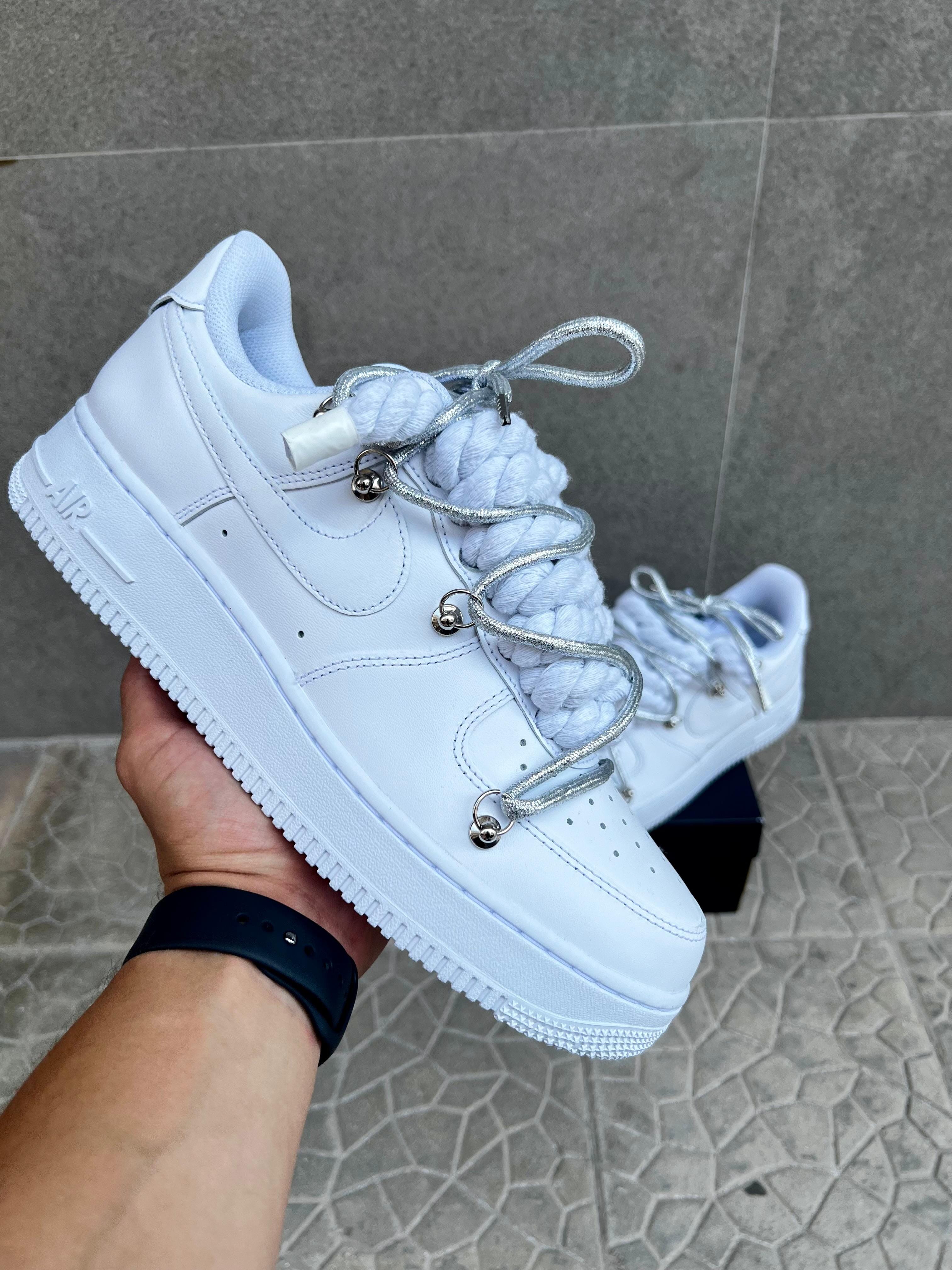 Nike air force 1 custom laccio in corda bianca + ganci e doppio laccio argento