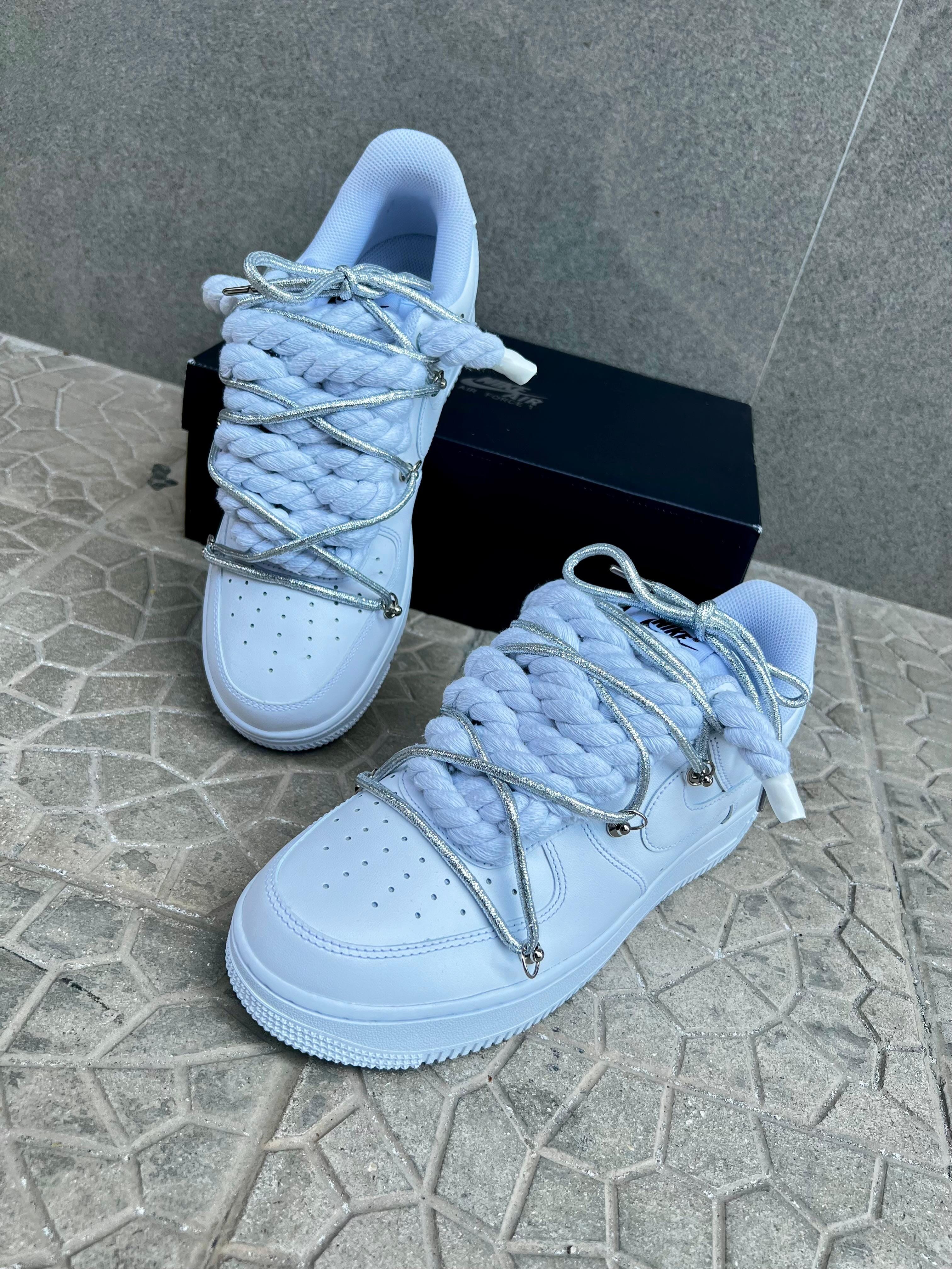 Nike air force 1 custom laccio in corda bianca + ganci e doppio laccio argento